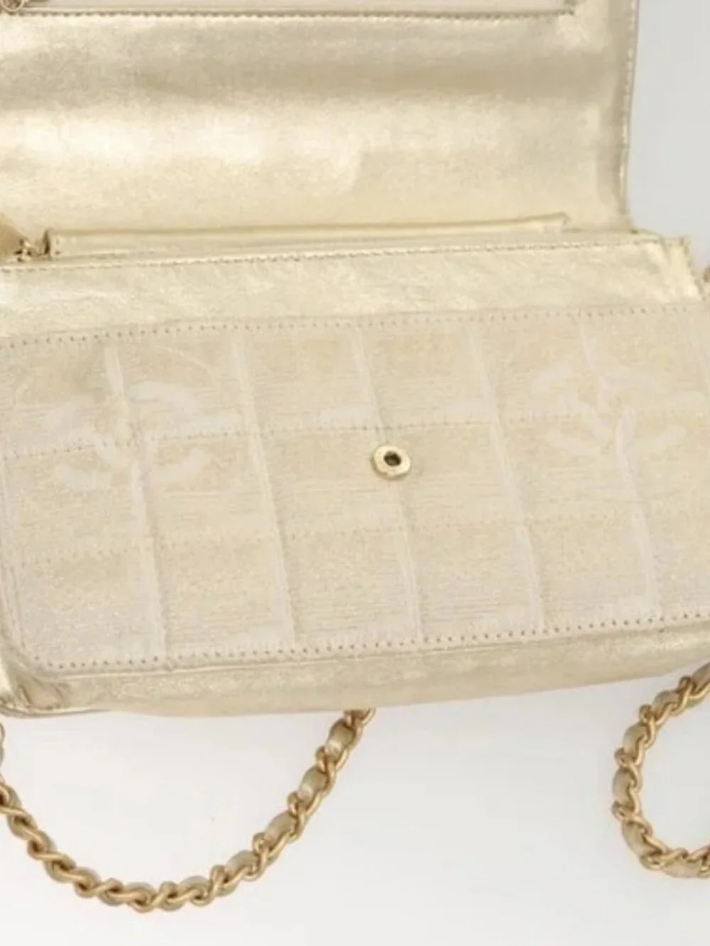 CHANEL New Travel Line Chain Wallet Nylon Gold CC Auth 119624